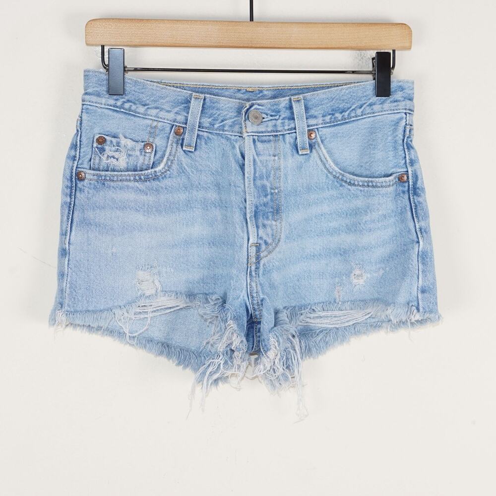 Levis 501 Premium Light Destructed Blue Wash Denim Jean Shorts Sz 25